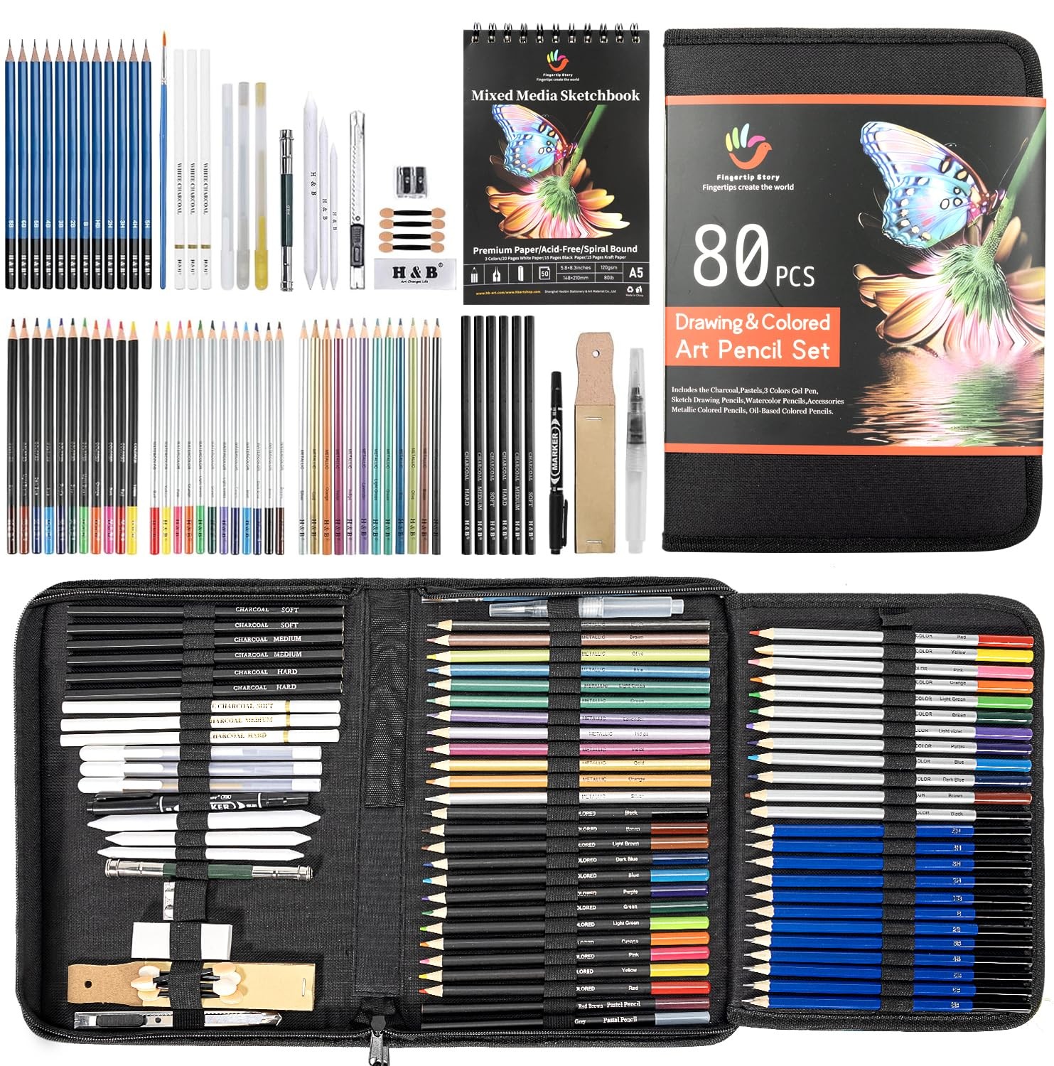80 PCS Drawing Set Sketching Kit 3Color Sketchbook Charcoal Pencil Artist
