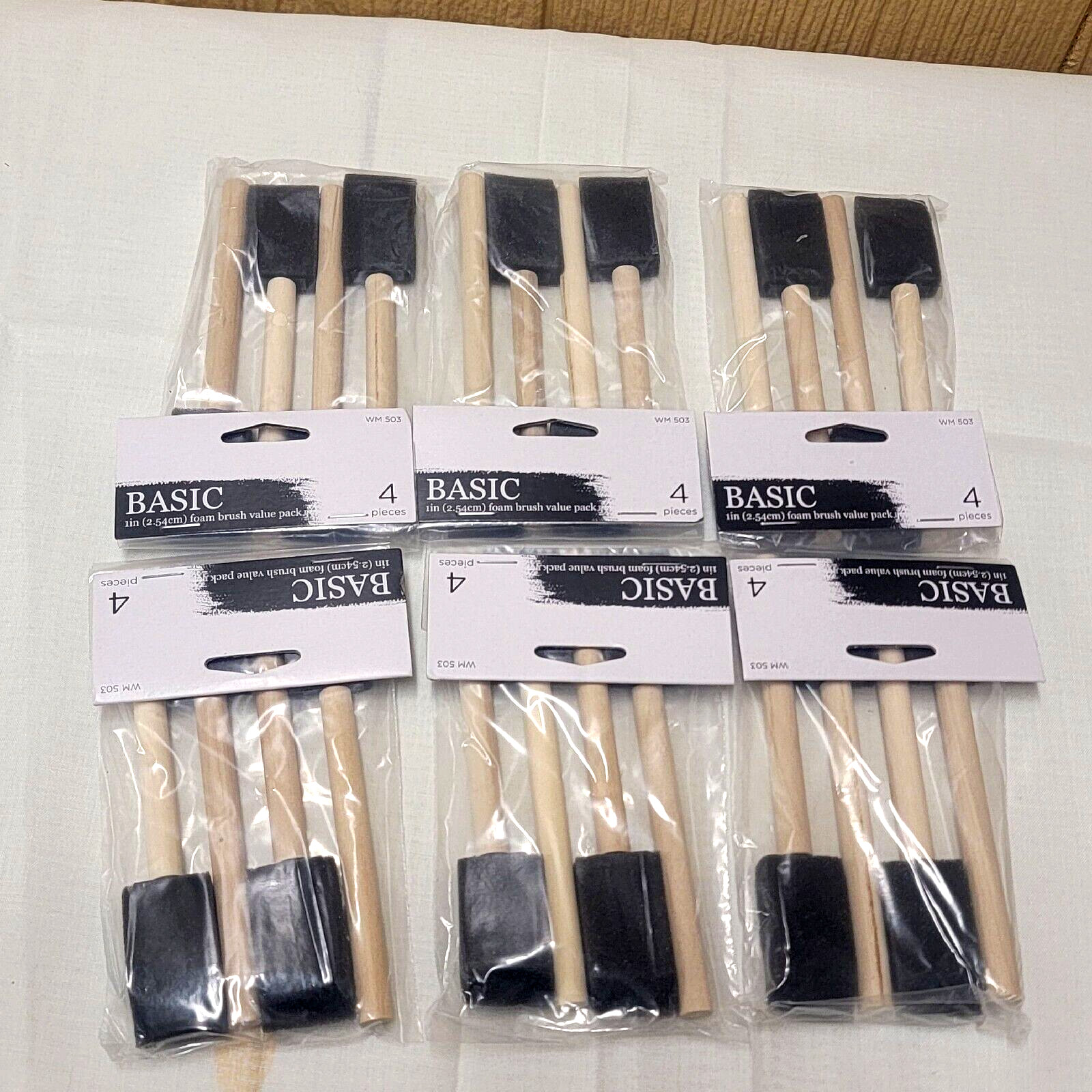 1″ Basic Foam Brush Value Packs 6 Sets of 4 = 24 Total Brushes Wooden Handles