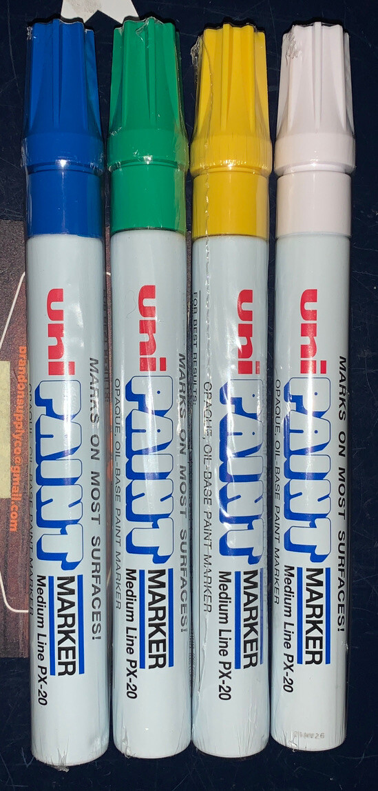 4 X Uni-Paint PX-20 Oil-Based Paint Marker Medium Line (WH, YEL, GRN, BLUE)