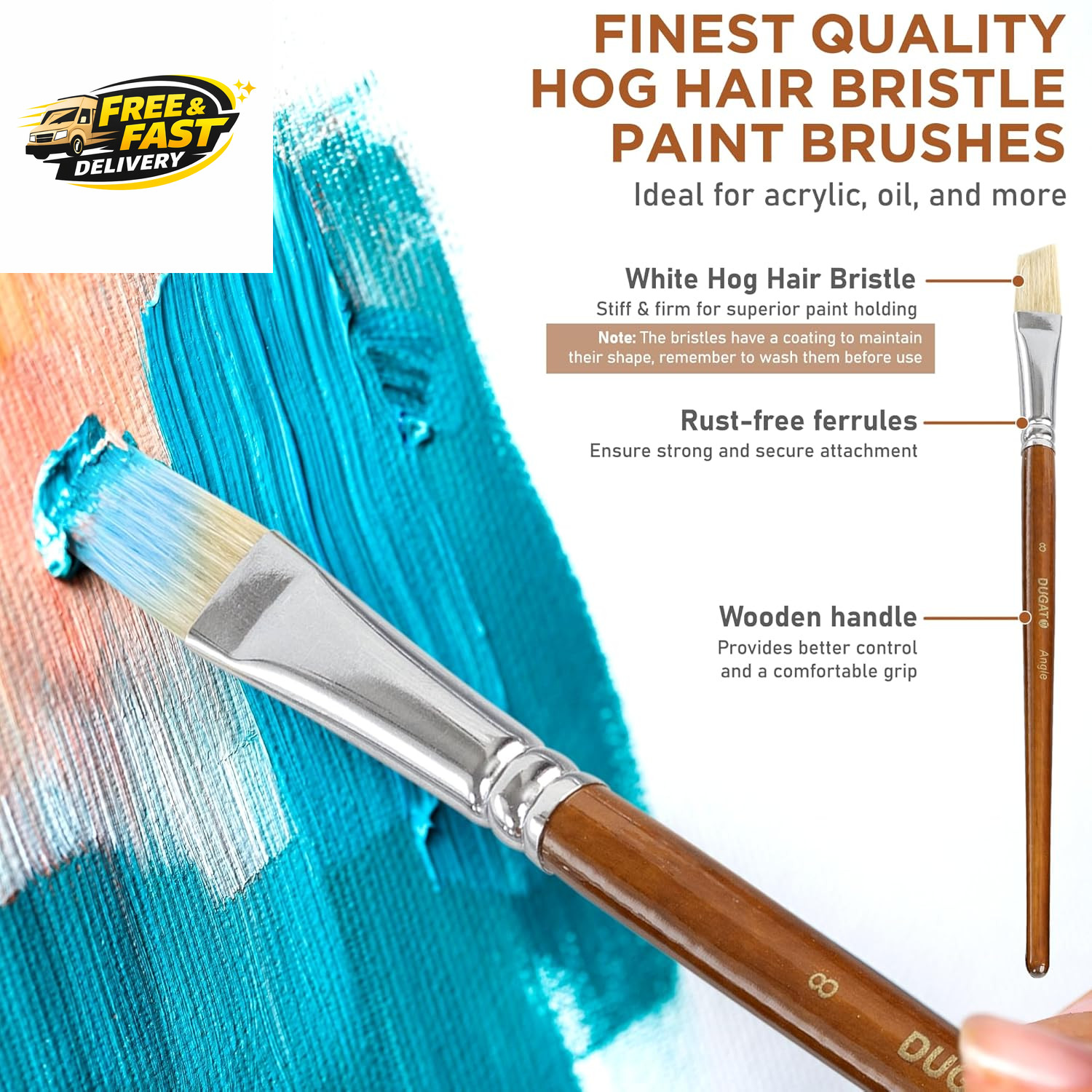 10Pcs Short Handle White Hog Hair Artist Paint Brush Set by Perfect for Acrylic
