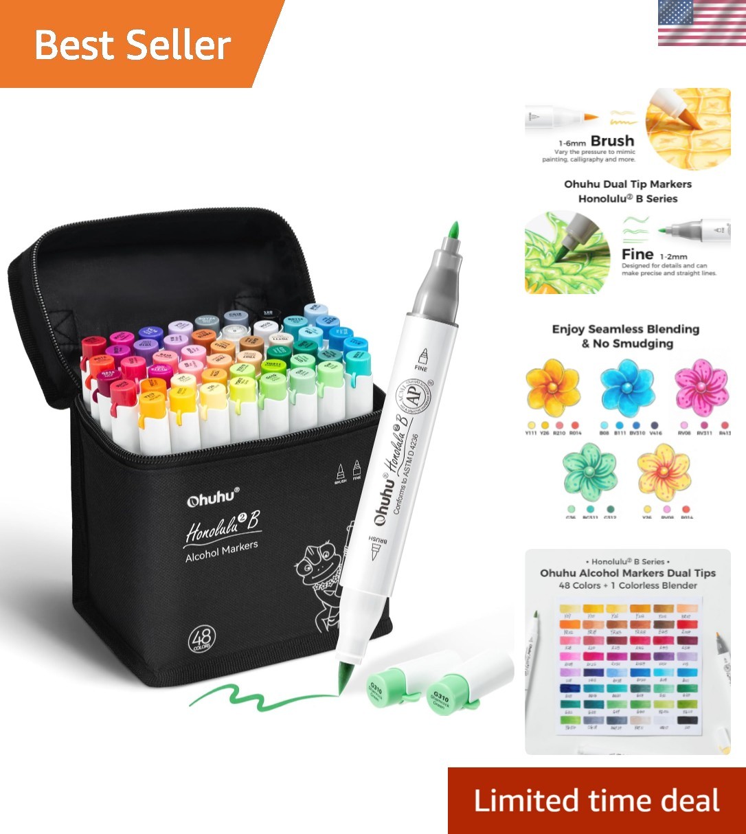 Alcohol Markers Brush and Fine Tip – 48-Color Alcohol-based Art Sketch Marker…