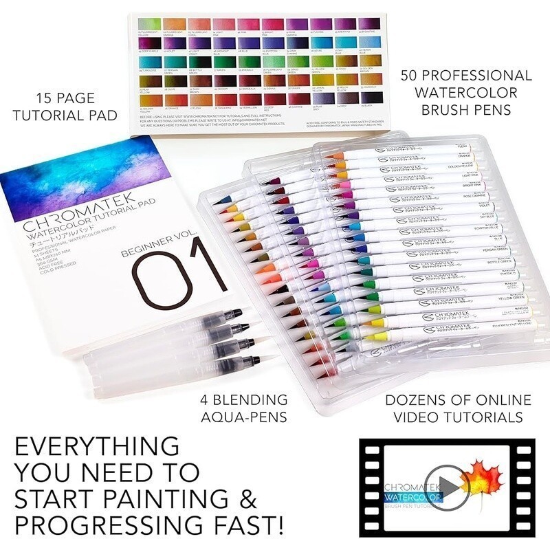 Watercolor Brush Pens Set W/ Video Tutorials & Artist Pad 54 Colors Aquapens New