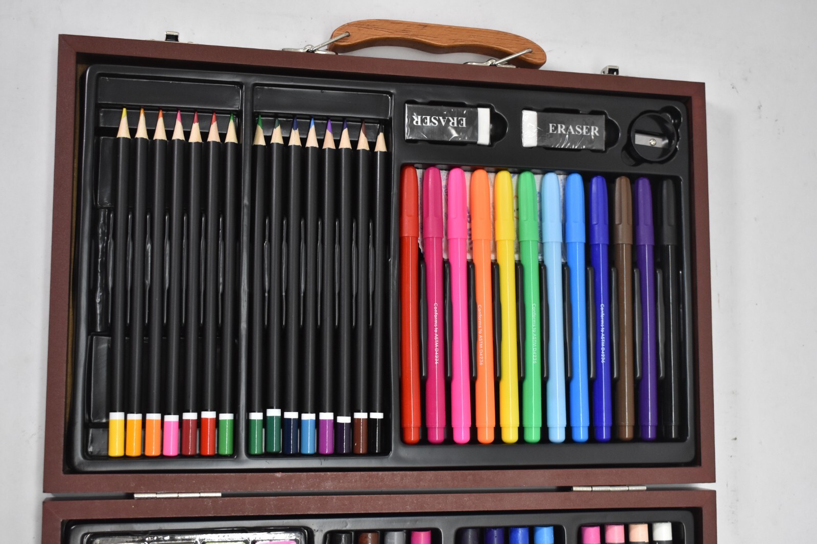 Personalized Faux Wood Case 80 Piece Art Set w Branded Name Walnut Storage