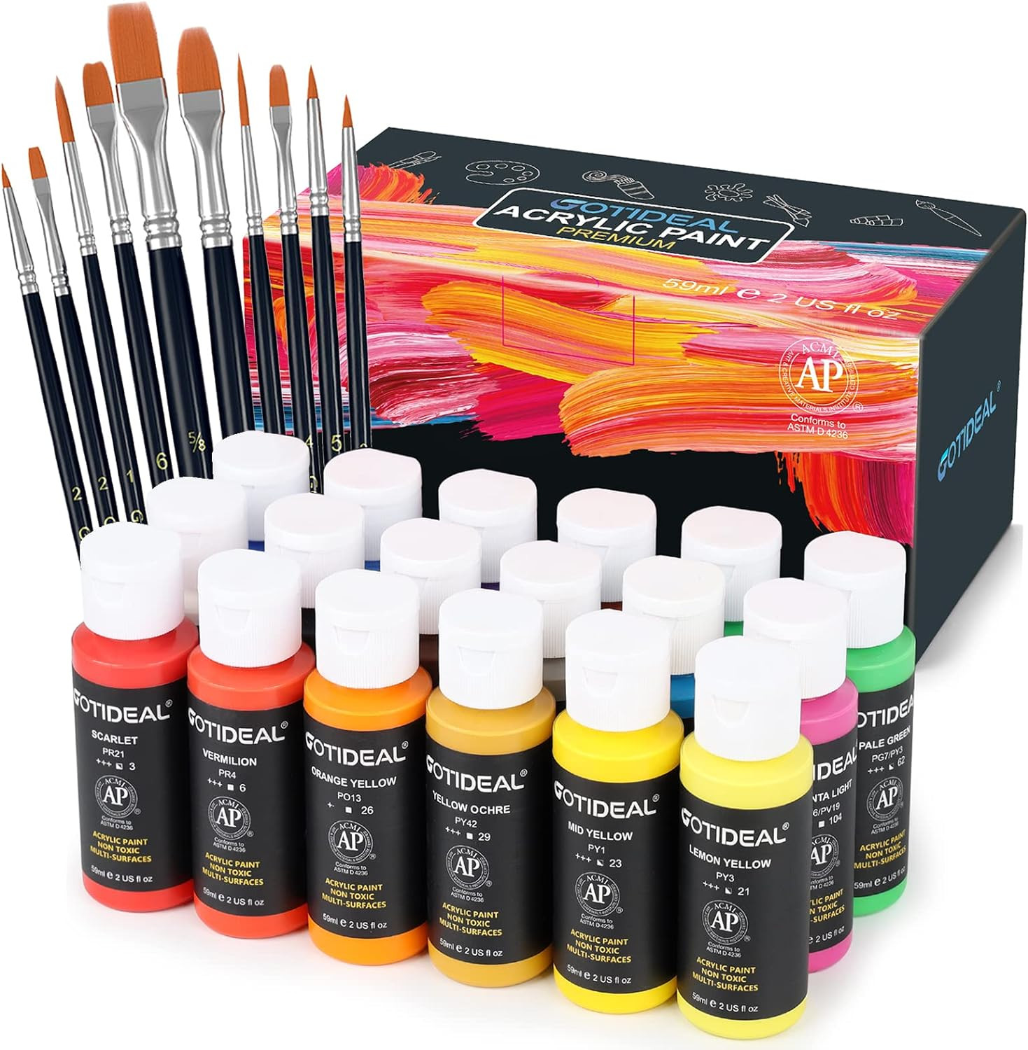 Acrylic Paint Set with 10 Brushes, 18 Colors Outdoor/Indoor (59Ml, 2 Oz) Art Cra
