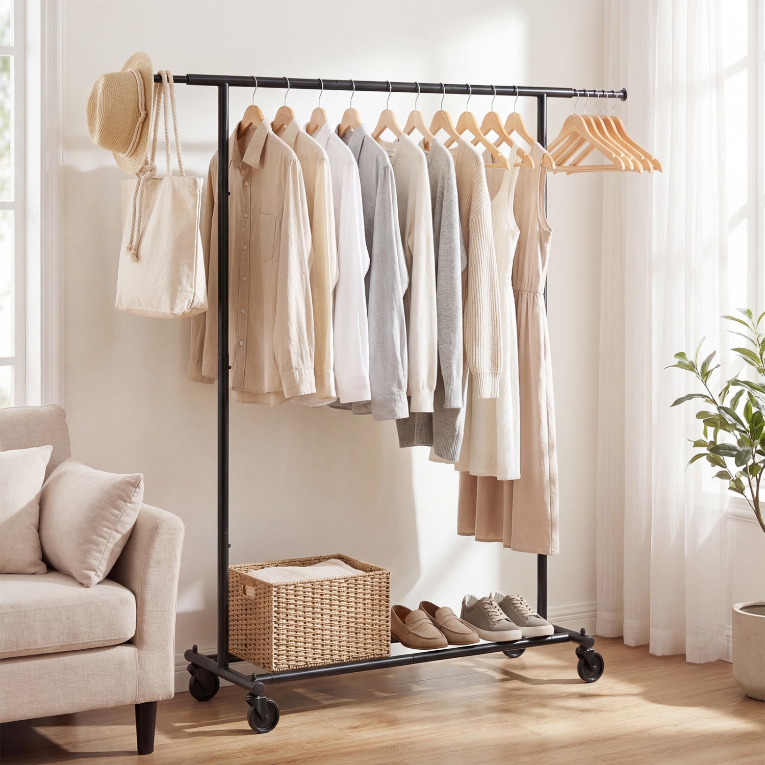 Mobile Garment Rack with Extendable Rods Heavy-Duty Metal Clothes Stand on Wh…