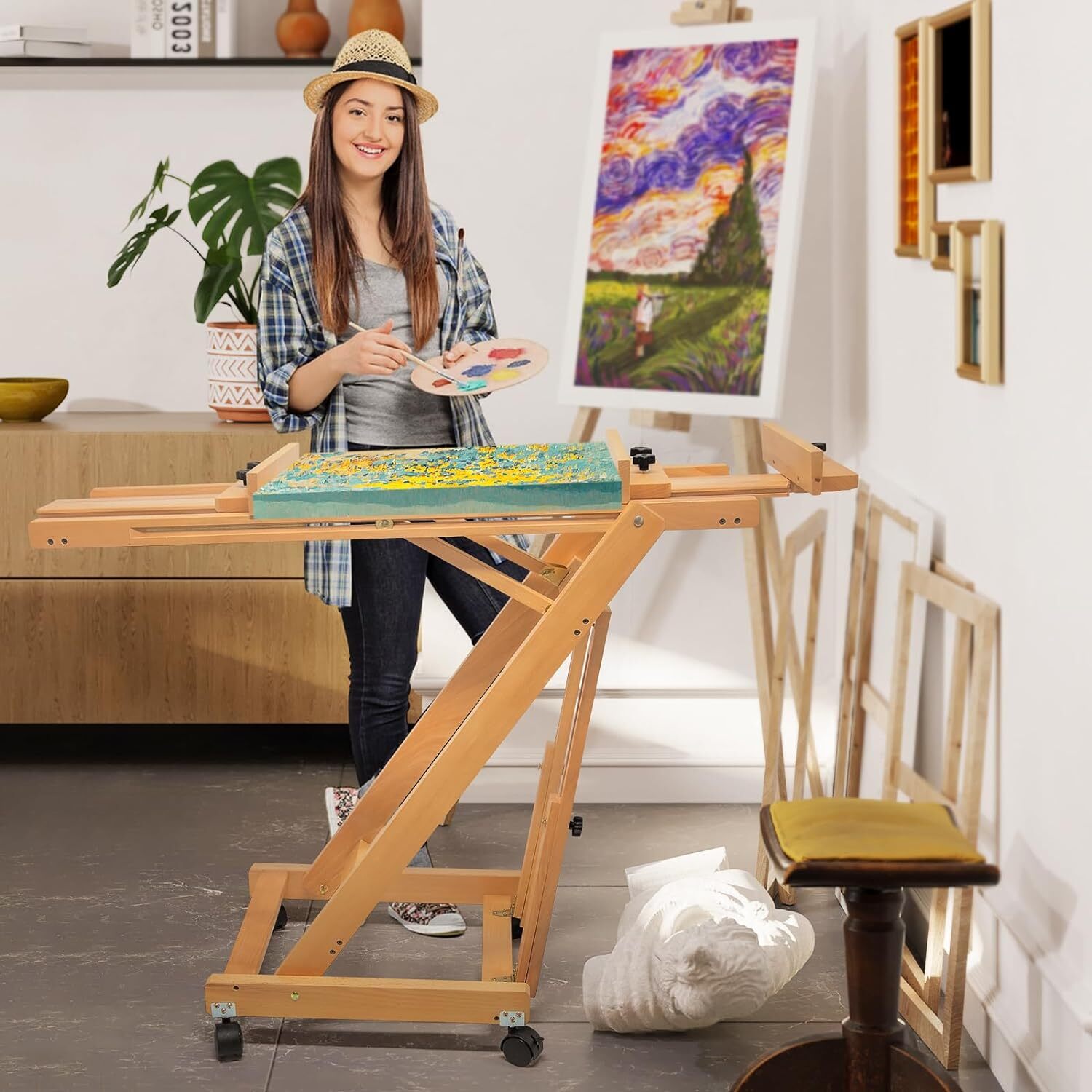 Painters H-Frame Wooden Easel Adjustable Artist Floor Easel Stand Up to 87in