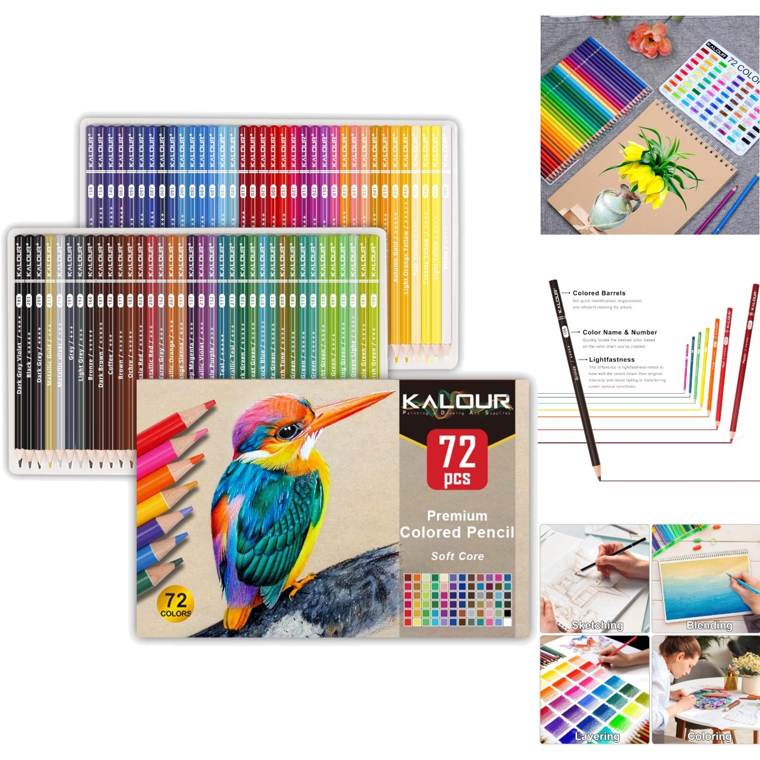 72 Count Colored Pencils Set Soft Core for Adult Coloring Drawing and Shading