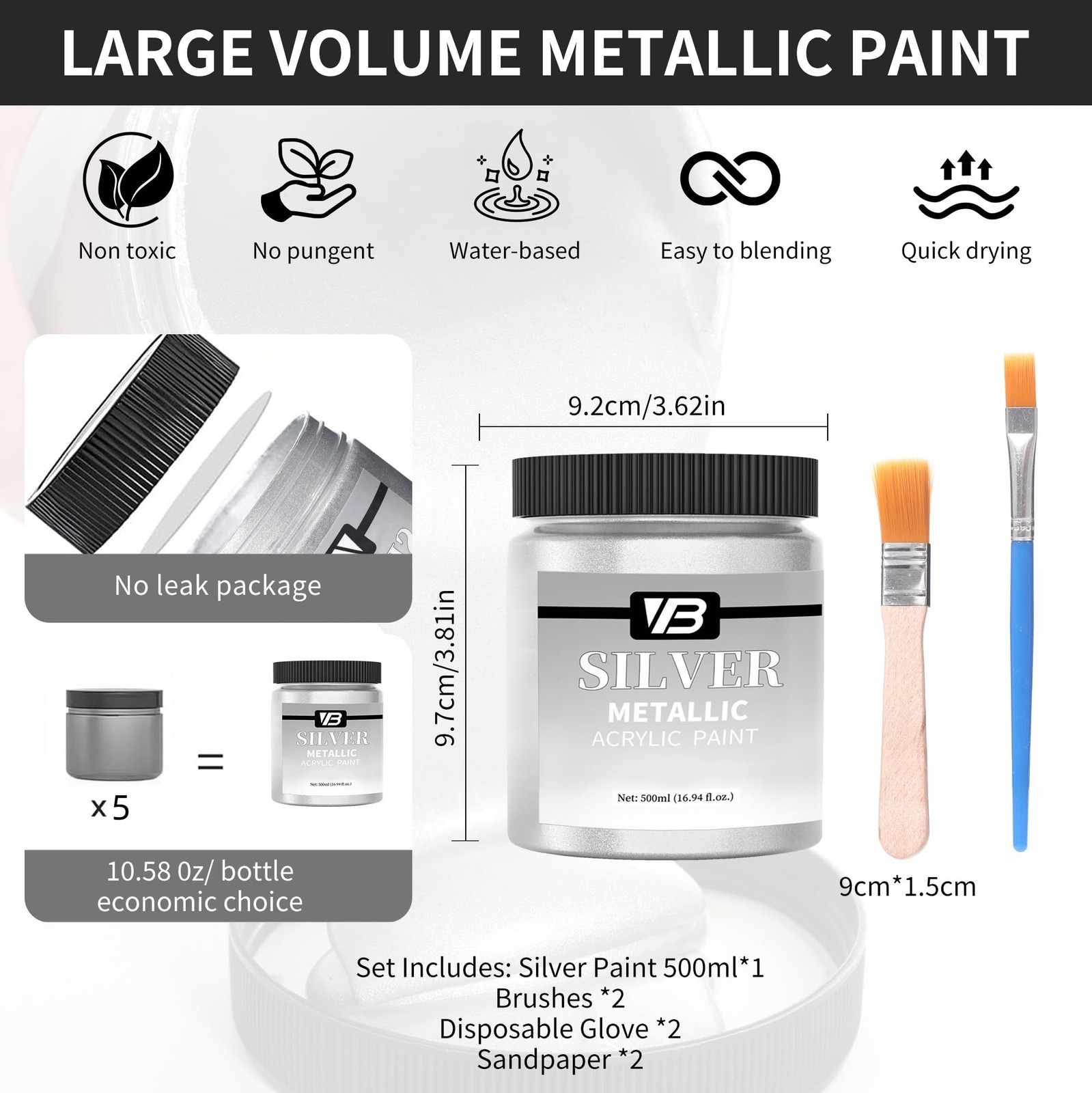 Metallic Silver Acrylic Paint, 16.9oz/500ml Silver Leaf Paint, Silver Craft P…