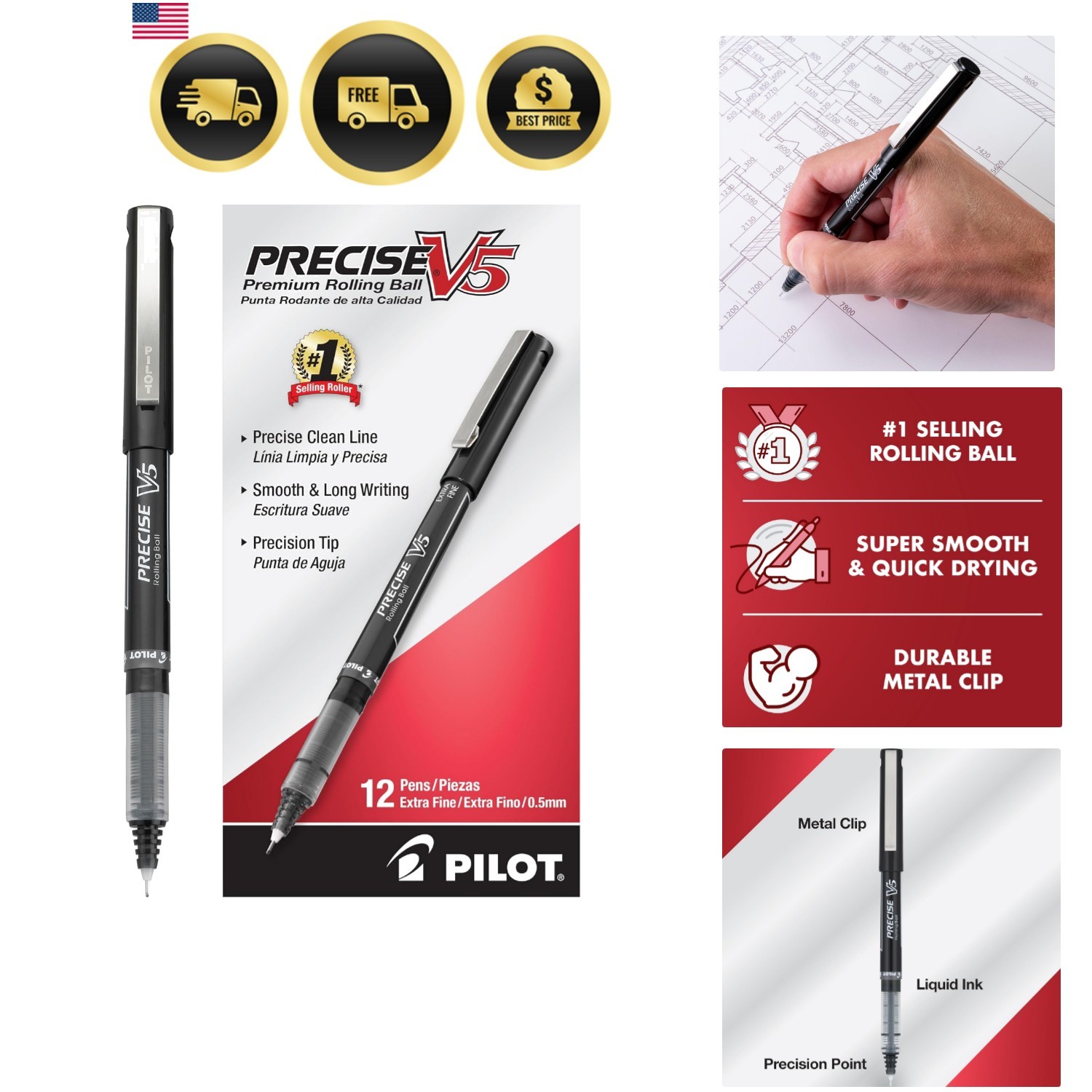 Precise V5 Stick Liquid Ink Rolling Ball Stick Pens, Extra Fine Point 0.5mm B…
