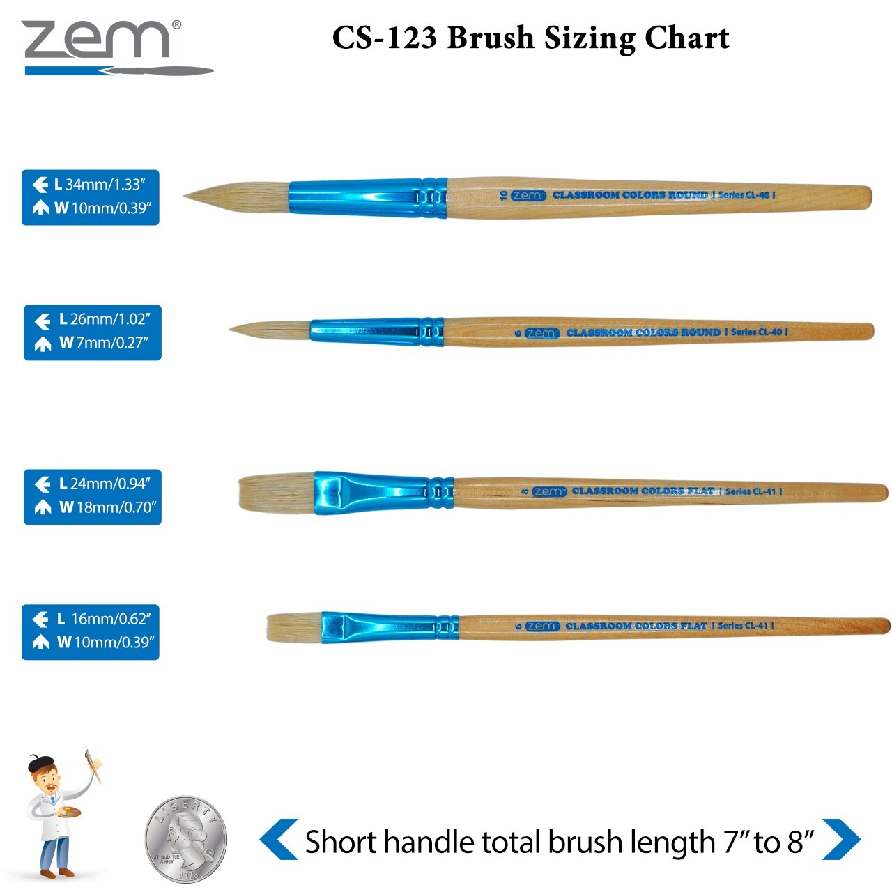 ZEM Classroom Colors Natural Hog Bristle Firm Artist Brush Sets 6 Types