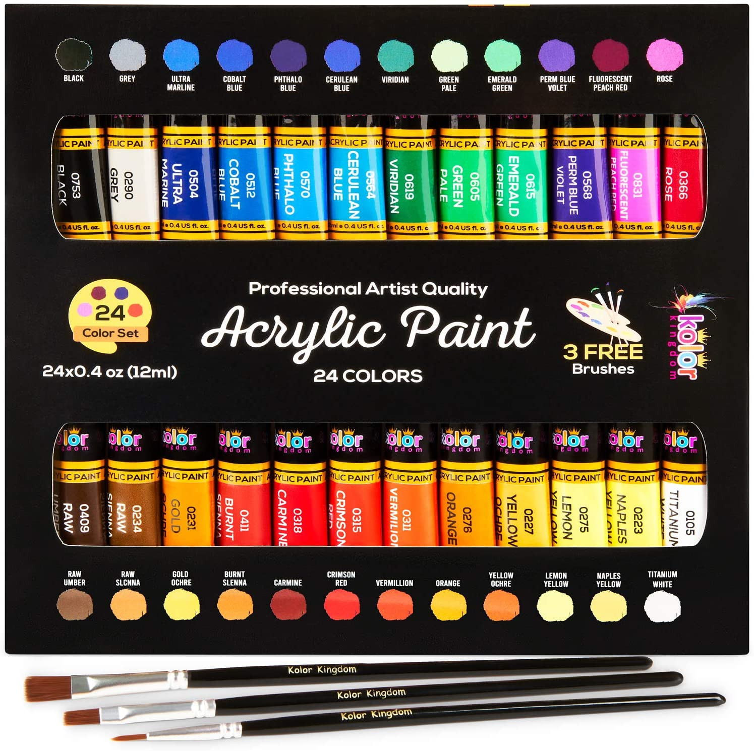 Acrylic Paint Set 24 Colors 12ml 0.41oz w/ 3 Brushes for Canvas Paper Wood Rock