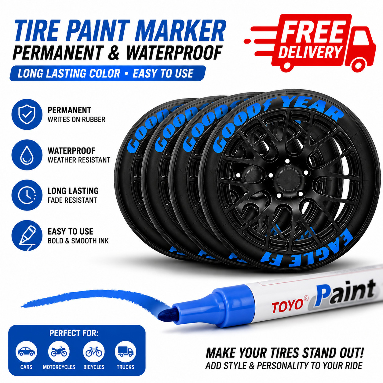 6-PACK BLUE Tire Lettering Paint Marker Pen Waterproof Permanent Automotive 6pzs