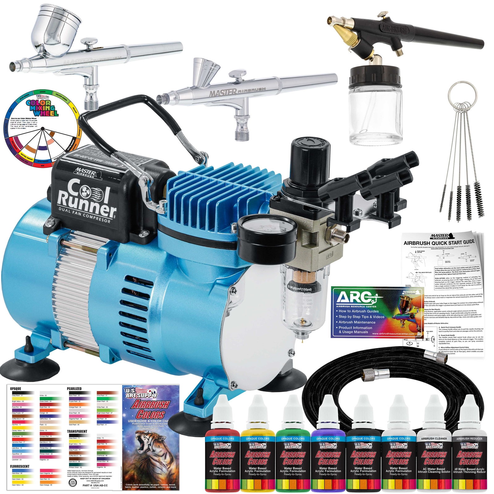 Master 3 Airbrush, Air Compressor & Hose Kit, 6 Primary Colors Acrylic Paint Set