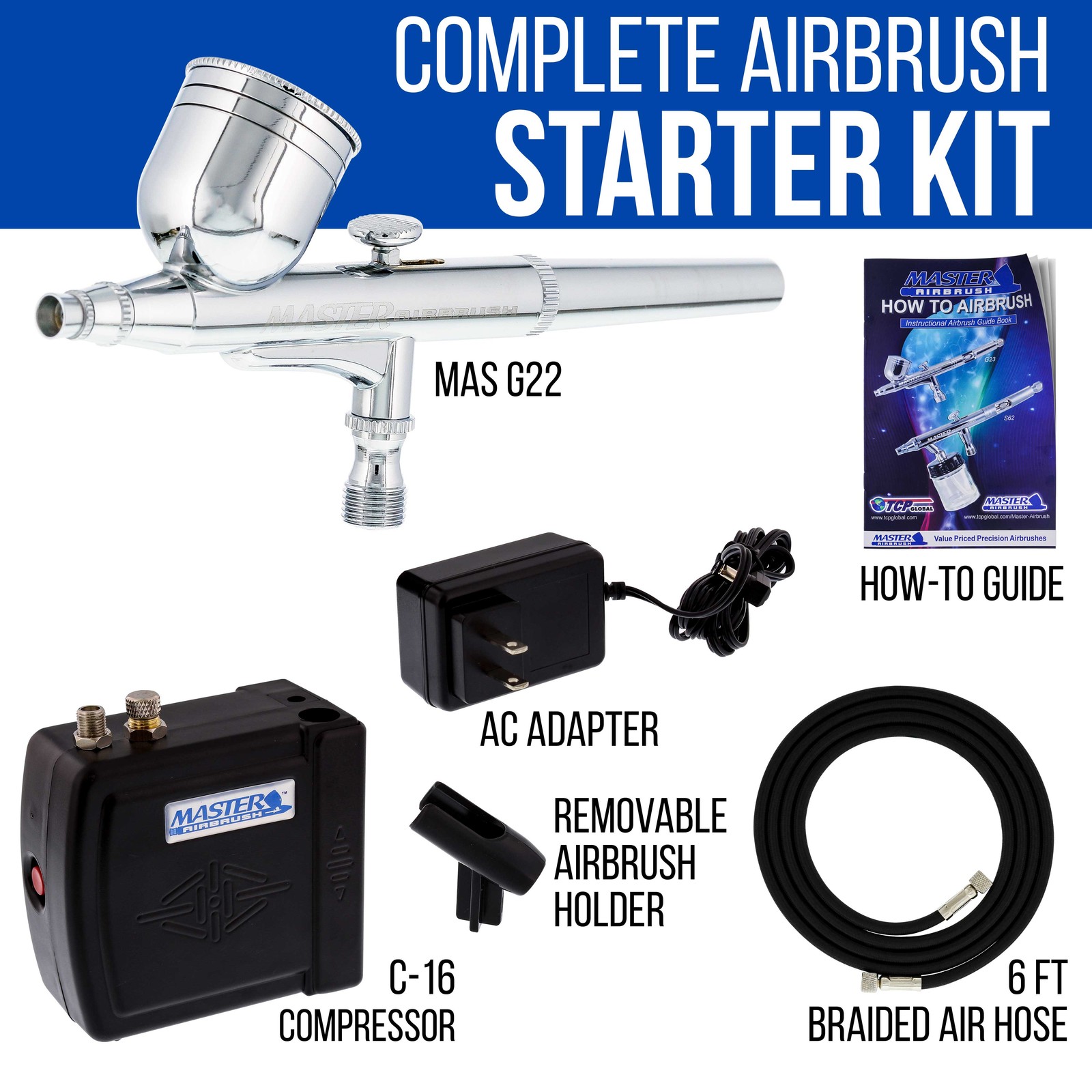 Master Gravity Airbrush Set & 16B Air Compressor Kit Dual-Action Hobby Cake Art