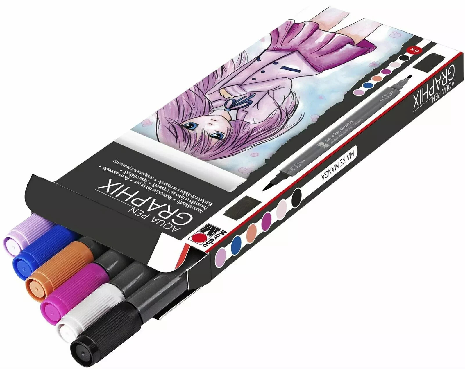 Marabu Aqua Pen Set 6/Pkg-Make Manga -145900-101 NEW