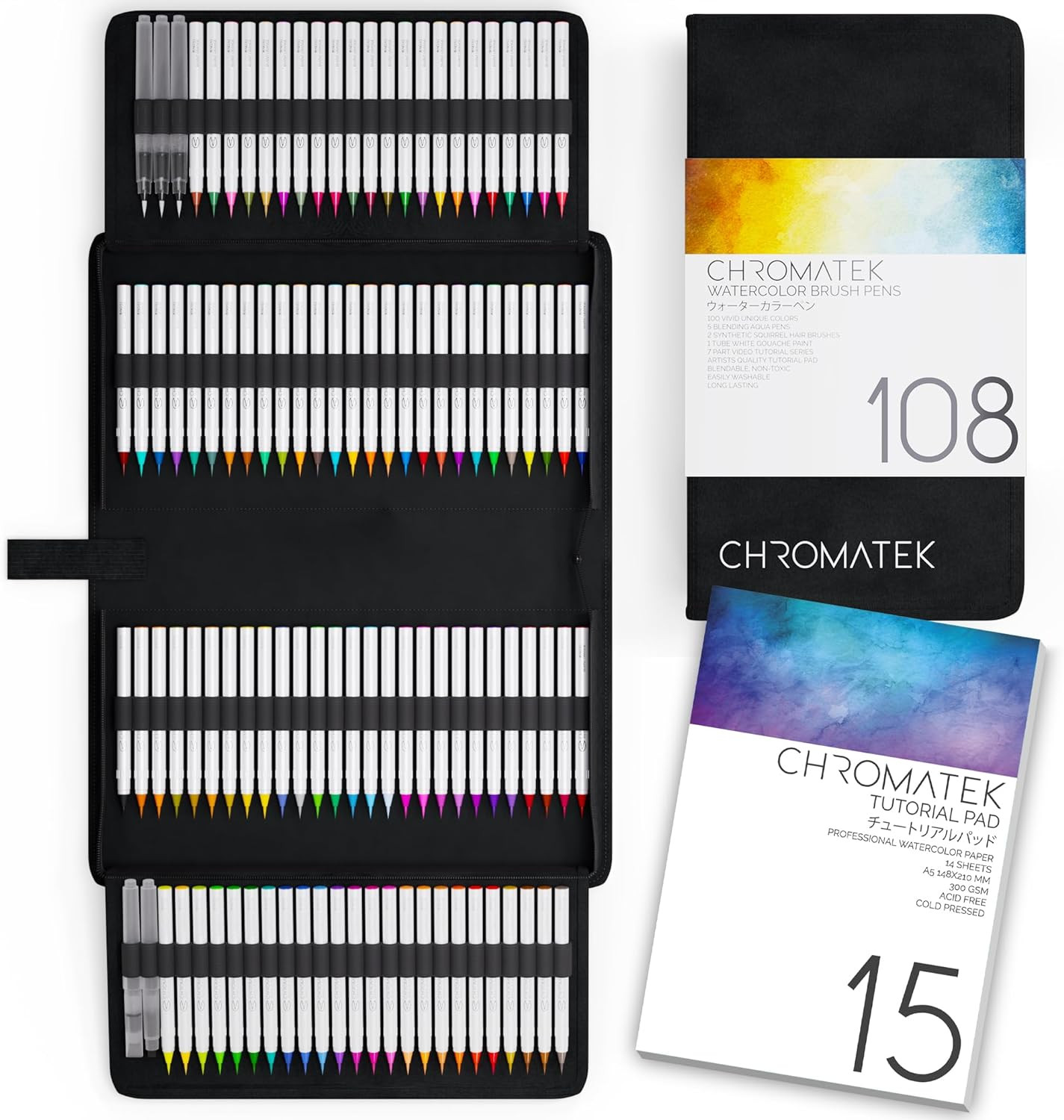 108 Watercolor Pens Set | Including 15 Page Pad & Online Video Tutorial Series |