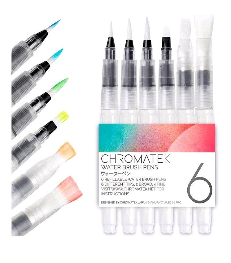 Chromatek AquaPens. Set of 6 Refillable Aqua Watercolor Brushes with Nylon Tip