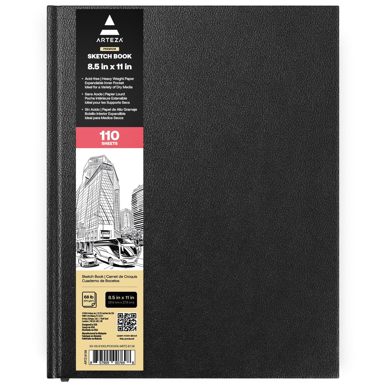 ARTEZA Hardcover Sketchbook, 8.5 x 11 in, 110 Sheets / 220 Pages, 68 lb / 100…