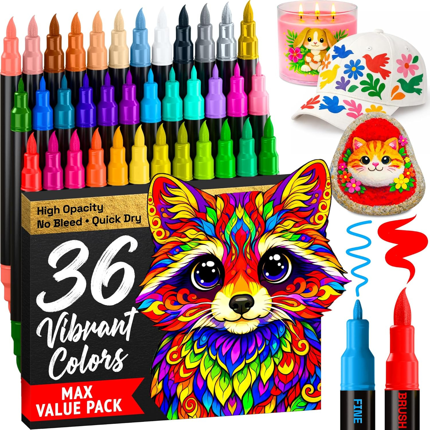 36 Acrylic Paint Markers – Paint Pens for Drawing – for Fabric, Rock, Glass, Woo