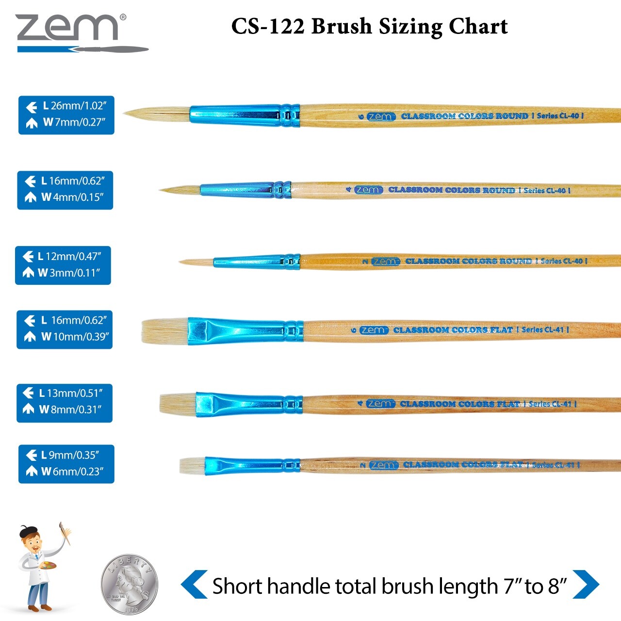 ZEM Classroom Colors Natural Hog Bristle Firm Artist Brush Sets 6 Types