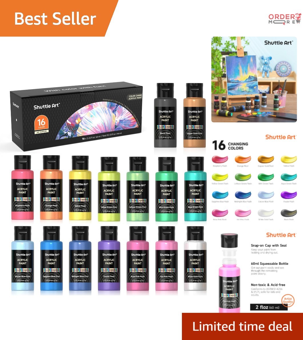 Color Change Acrylic Paint Set 16 Colors Shimmering Iridescent Artist Craft
