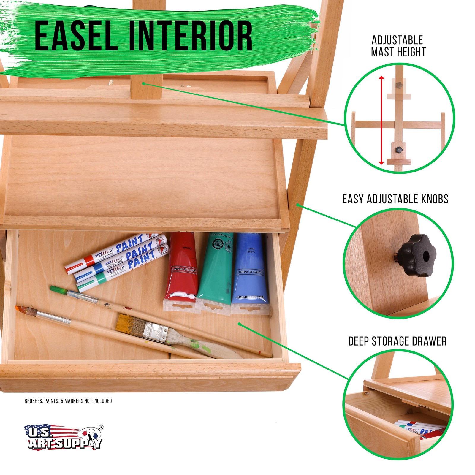 U.S. Art Supply Wooden H-Frame Studio Easel with Artist Storage Drawer, 75″ Mast