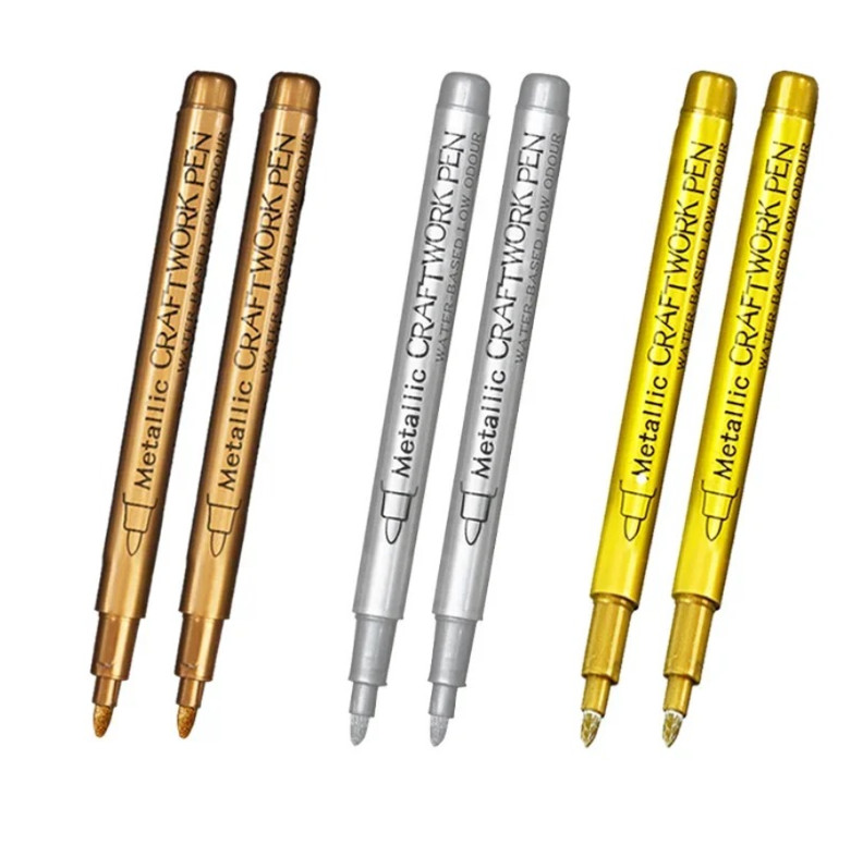 6pcs Metallic Brush Paint Marker Pens Gold & Silver Permanent Art Set – NEW