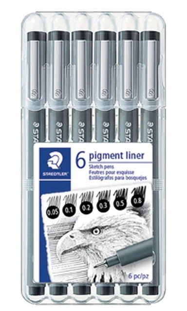 STAEDTLER Pigment Liner 6 pc Black Sketch Pens Asst Tips – Plastic Storage Case