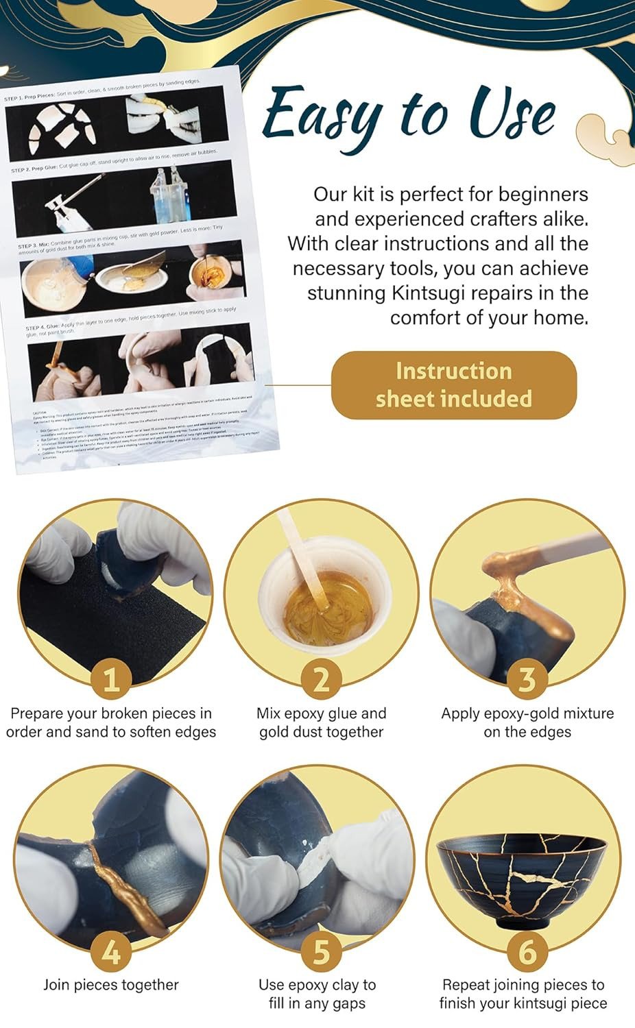 Kintsugi Repair Kit for Ceramics, Kintsugi Japanese Pottery Repair Kit W/Practic