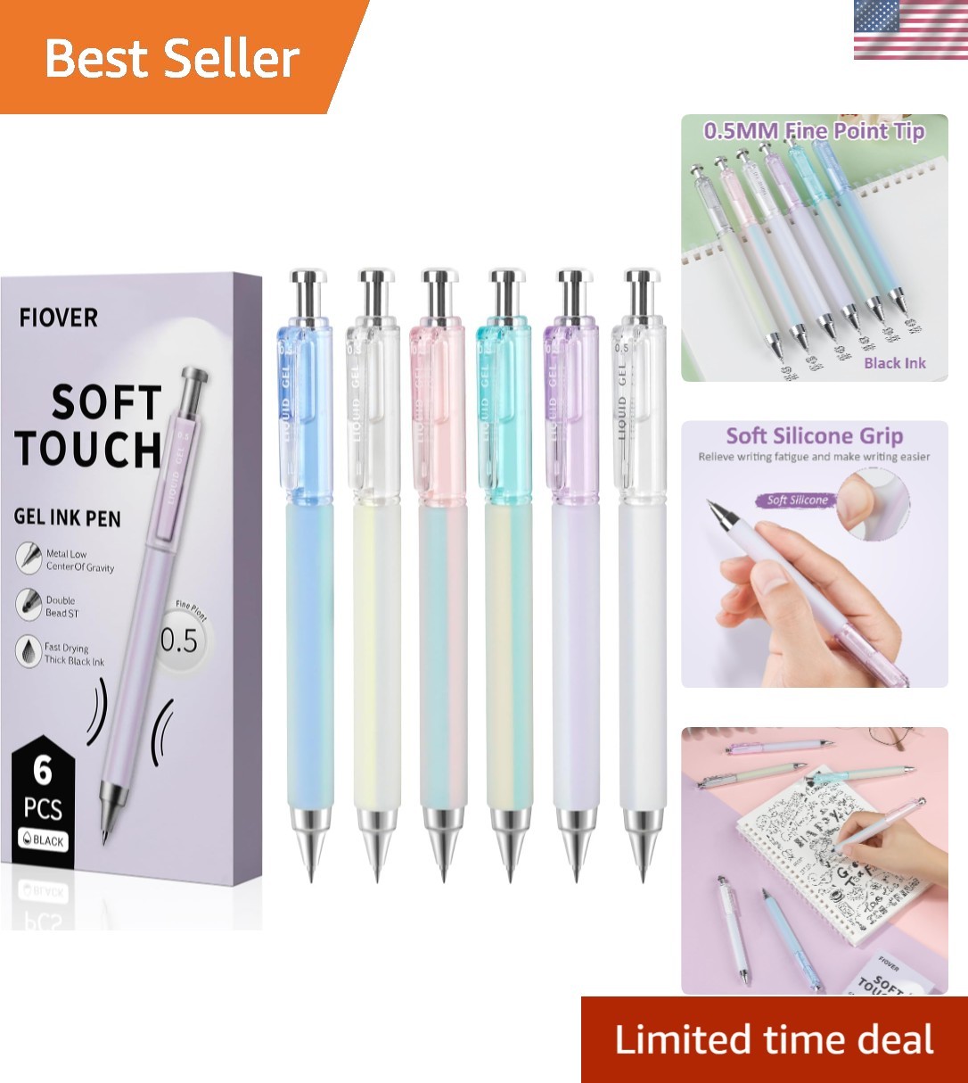 Retractable 6 Pack Gel Pens with Smooth Ink Flow & Soft Grip for Everyday Use