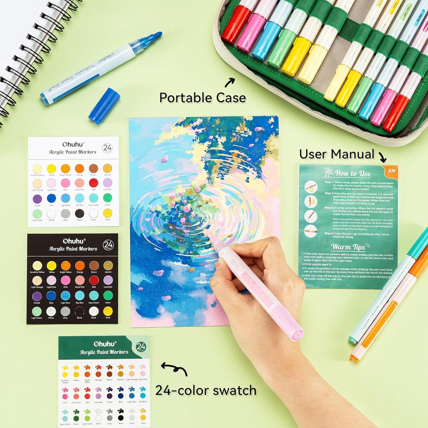 Ohuhu Acrylic Paint Markers, 48 Paint Pens Set of 24 Fine & 24 Round Tip