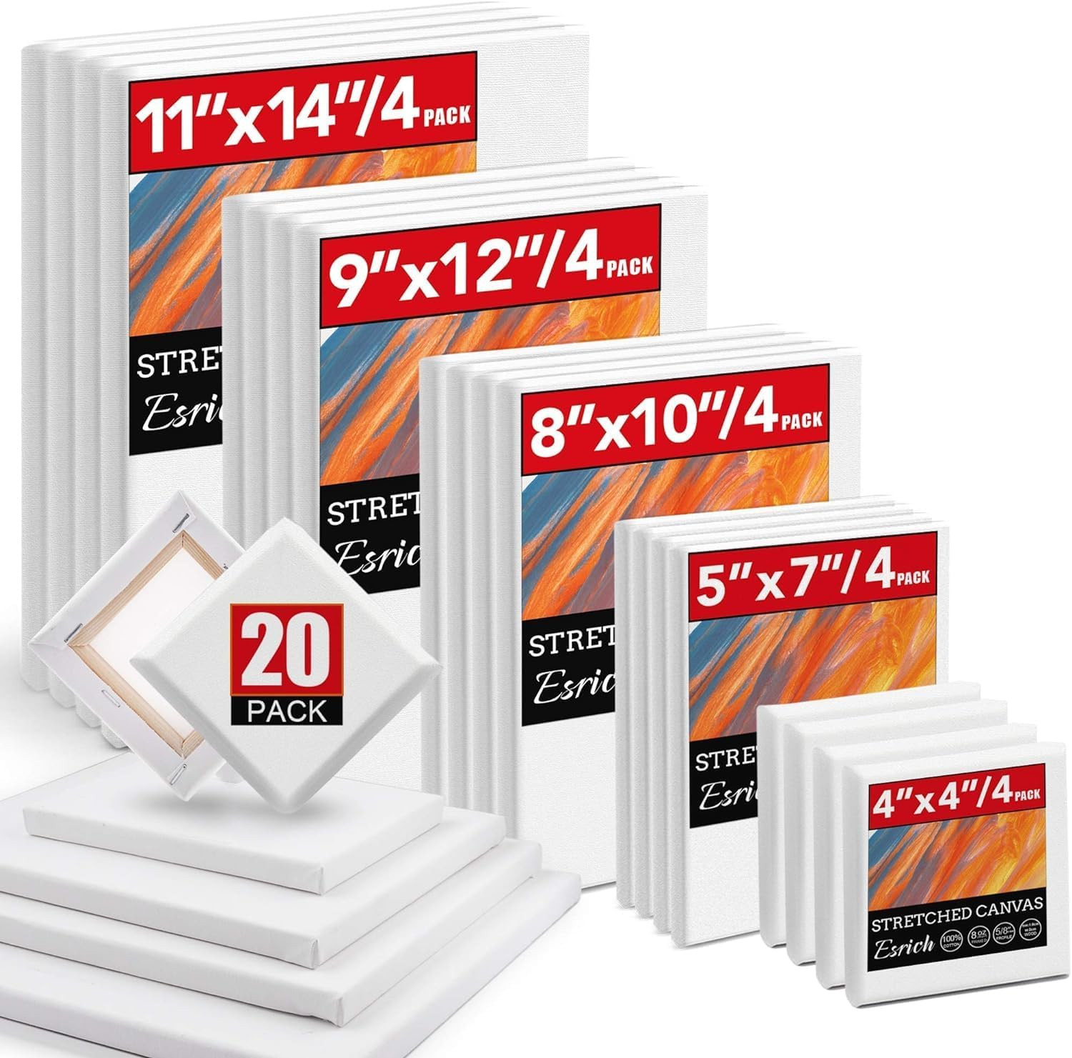 Stretched Canvas for Painting, Multi Size 11X14, 9X12, 8X10, 5X7, 4X4(4 of Each)