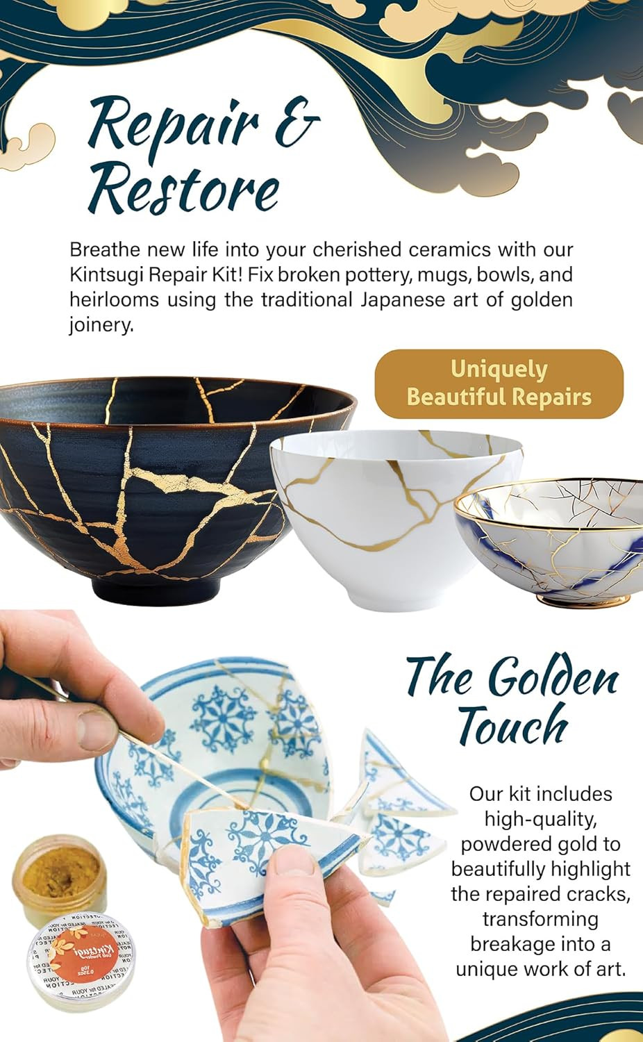 Kintsugi Repair Kit for Ceramics, Kintsugi Japanese Pottery Repair Kit W/Practic