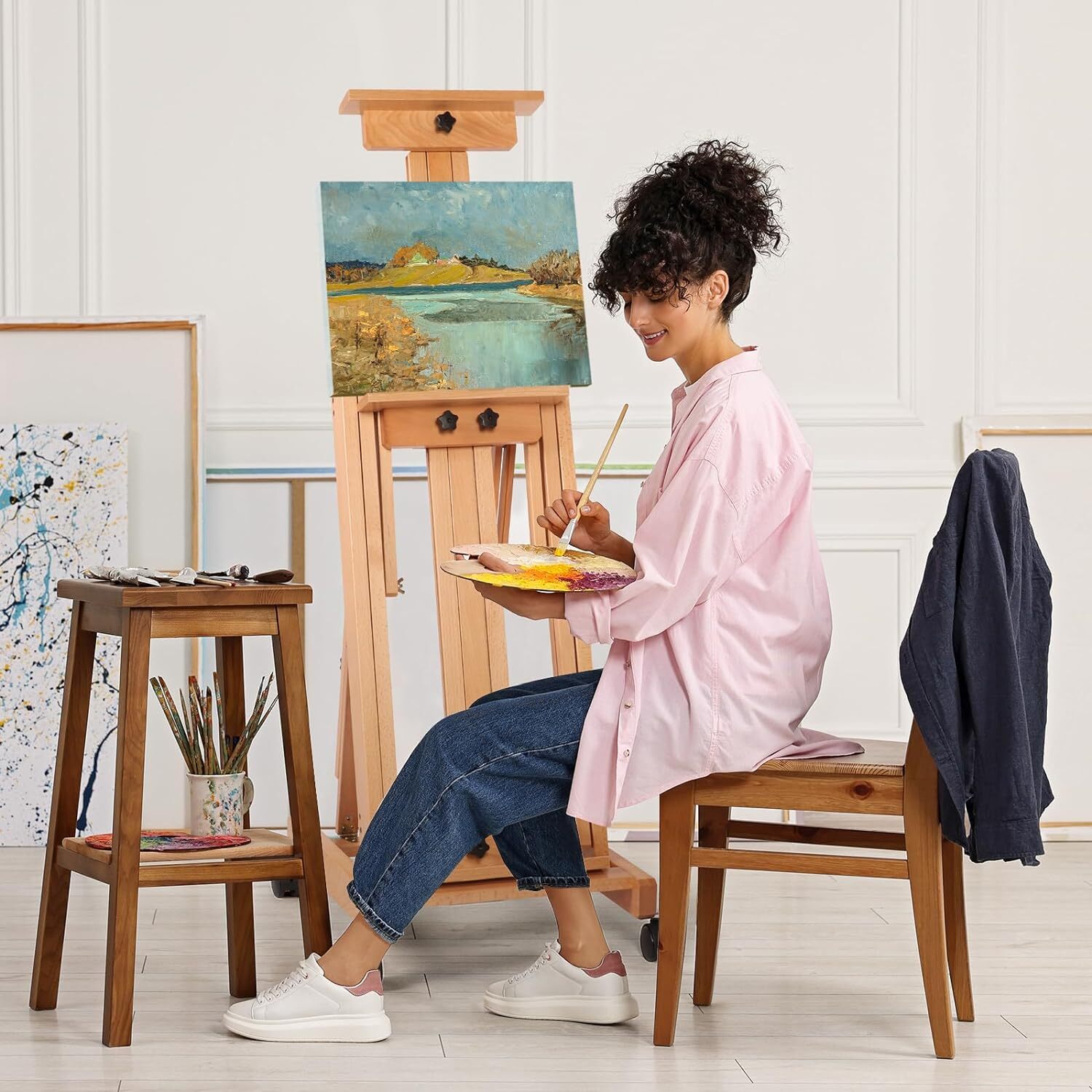 Painters H-Frame Wooden Easel Adjustable Artist Floor Easel Stand Up to 87in