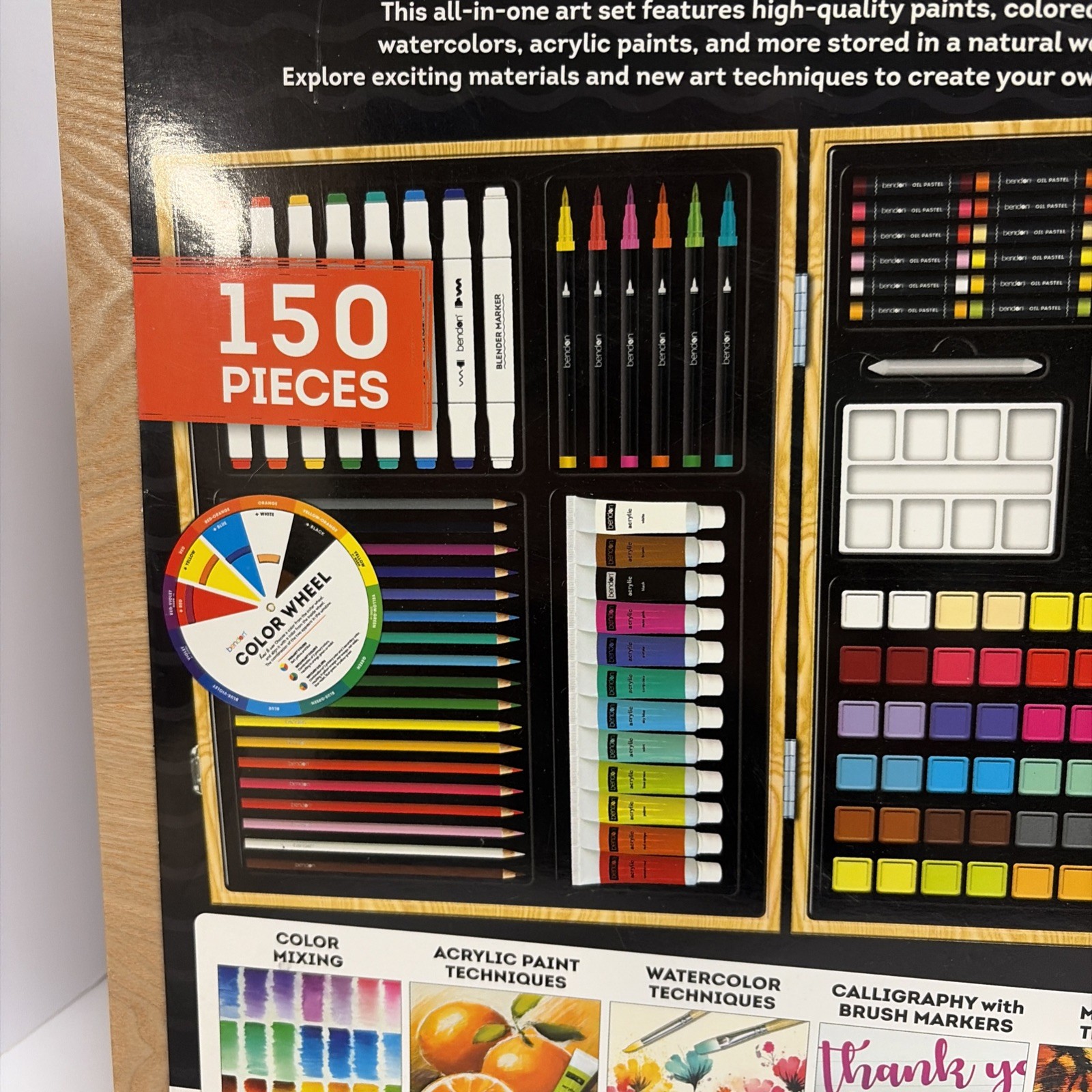 Bendon Deluxe Wooden Artist Case Multicolor 150 Piece Mixed Media Art Set New