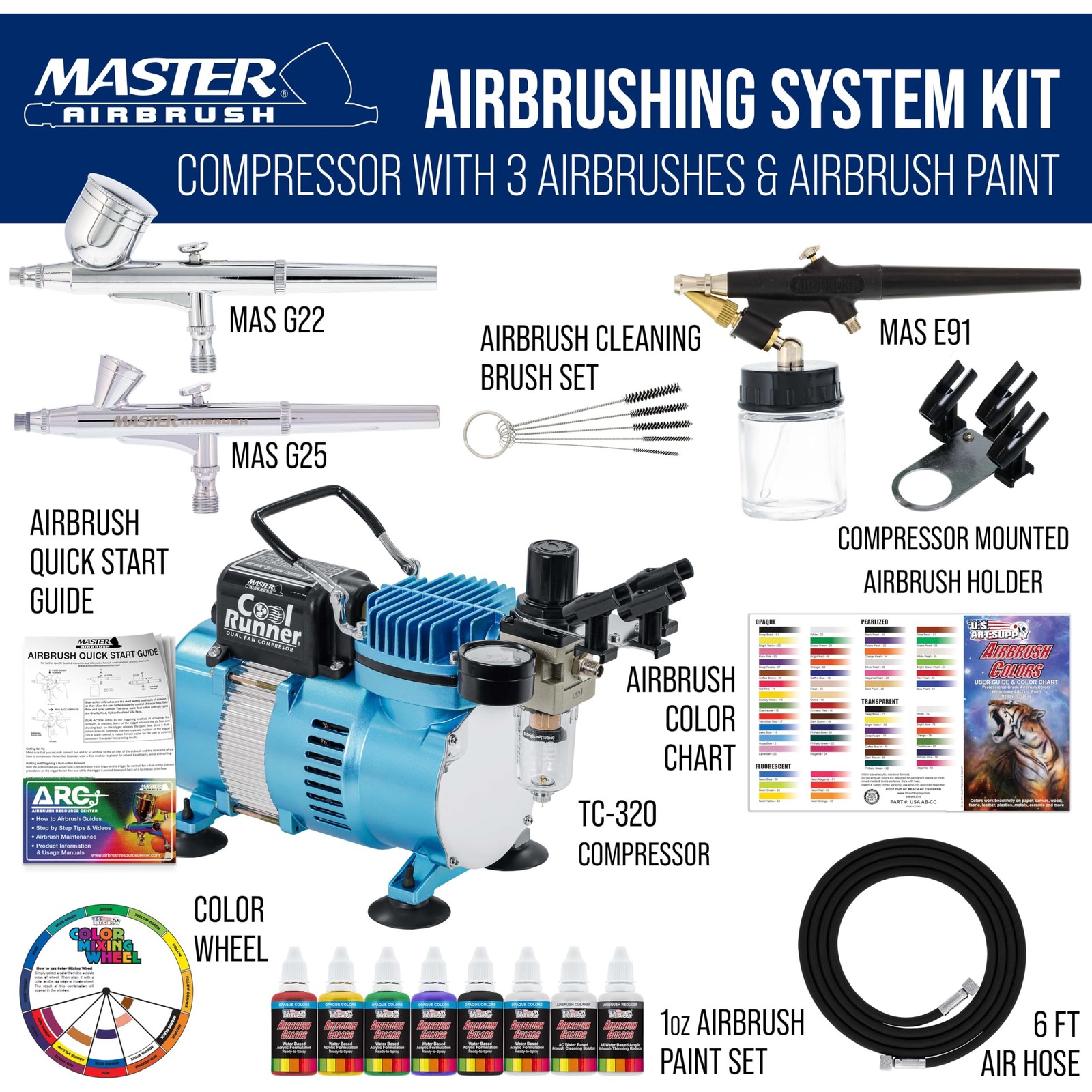 Master Airbrush Cool Runner II Air Brush Kit with Air Compressor Dual Fan, 3