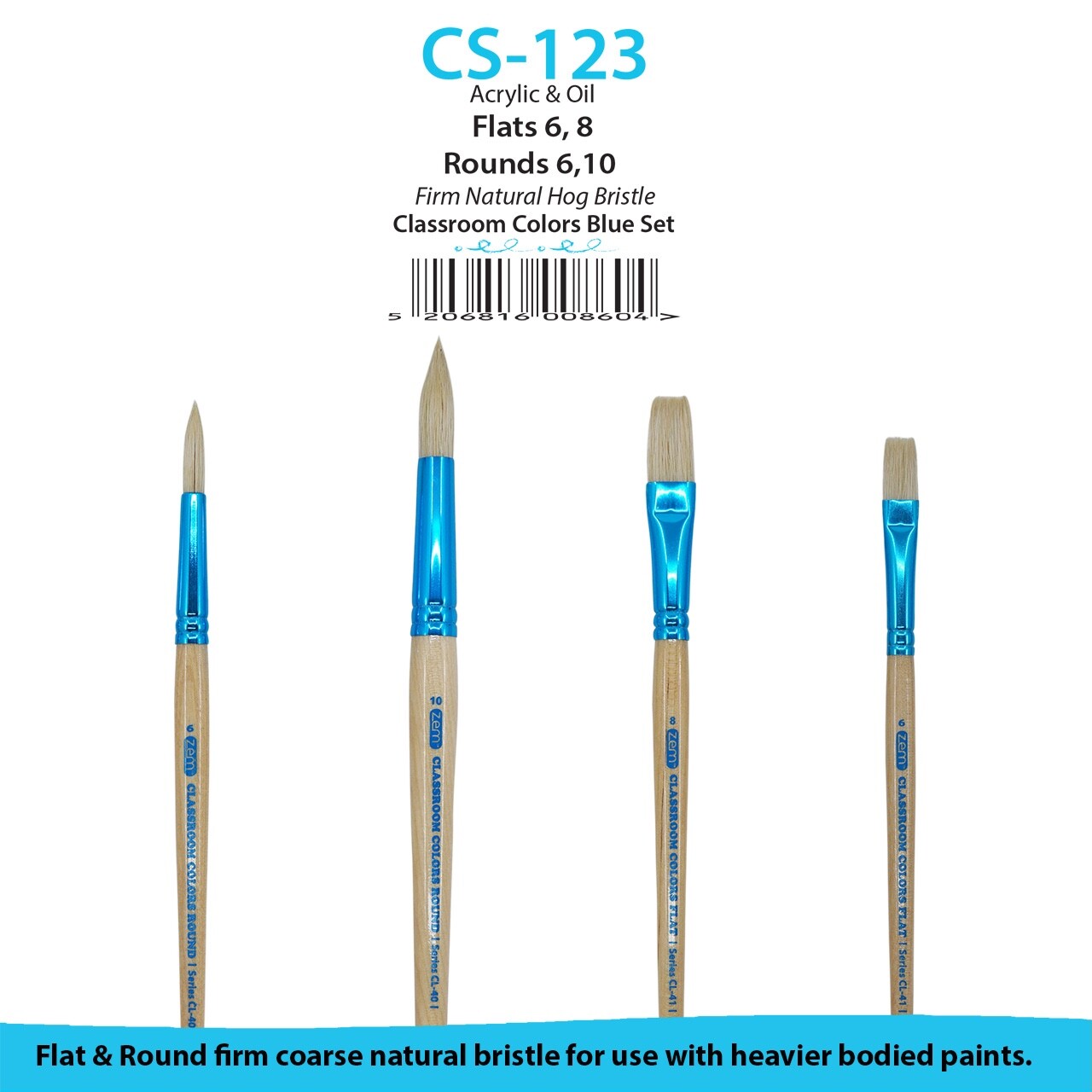ZEM Classroom Colors Natural Hog Bristle Firm Artist Brush Sets 6 Types