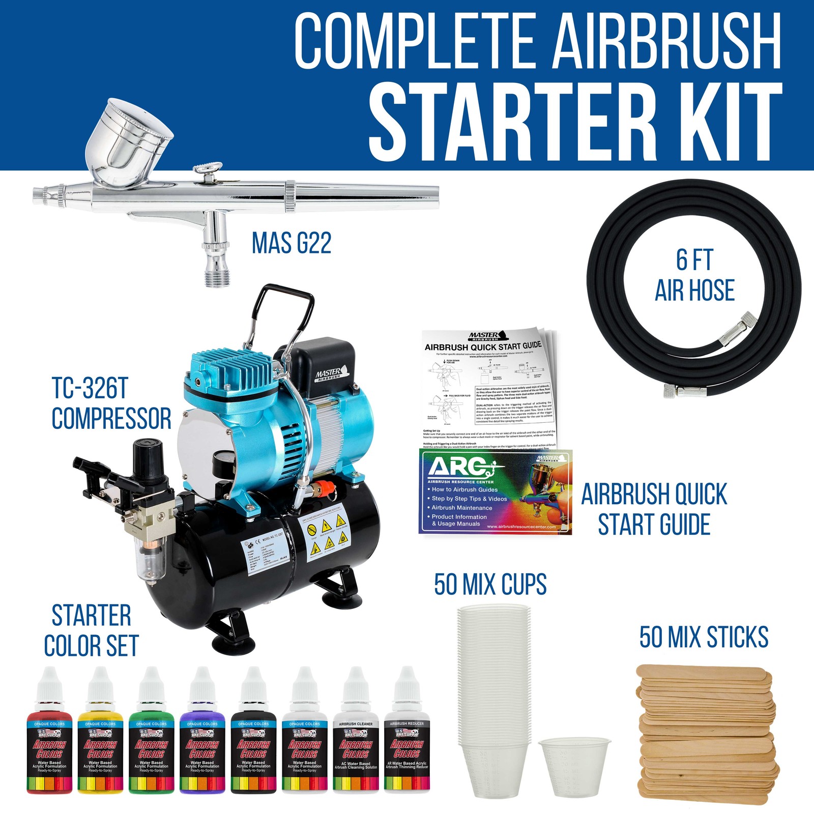 Master G22 Gravity Airbrush Air Tank Compressor Kit, 6 Color Acrylic Paint Set