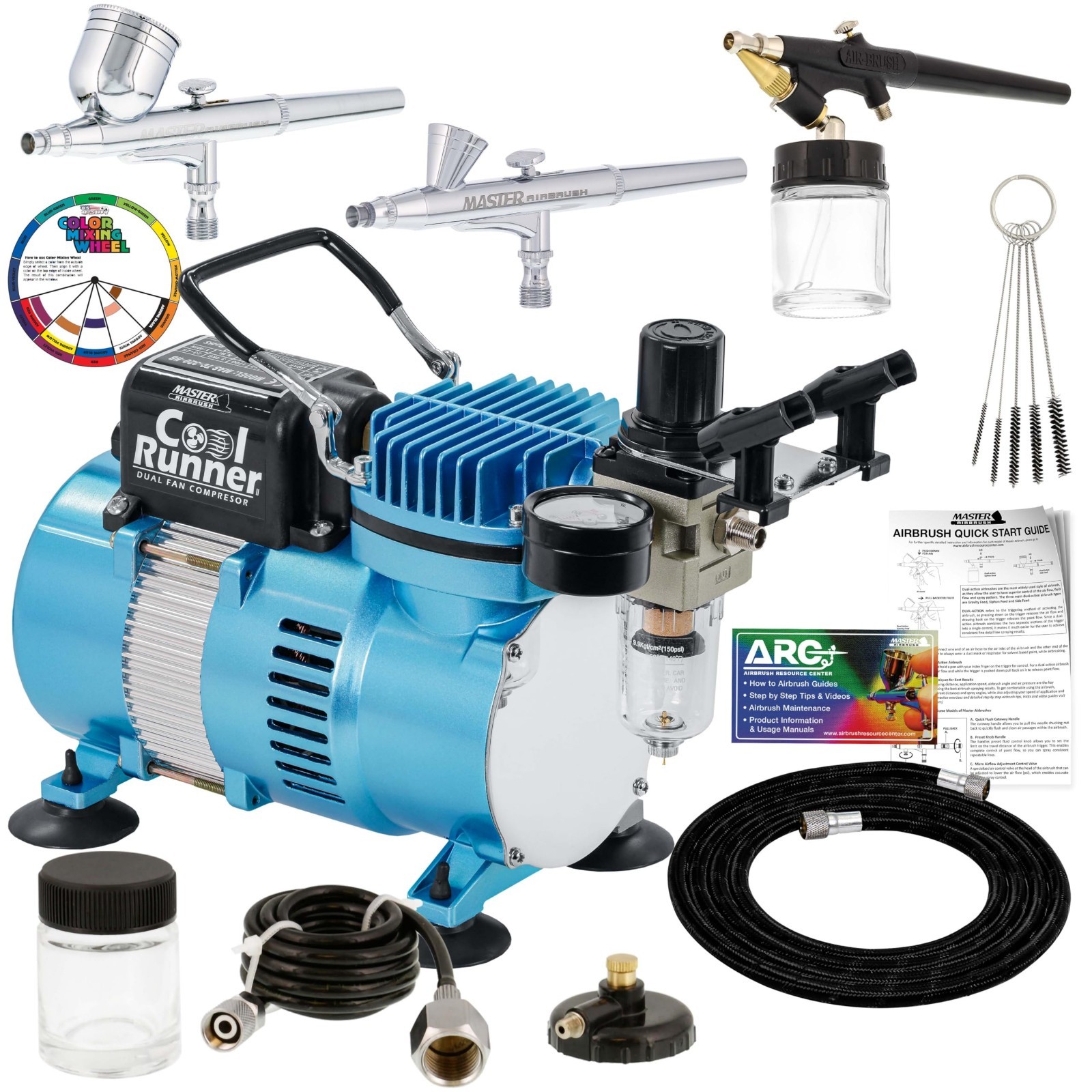 Airbrush Kit with Dual Fan Compressor, 3 Airbrushes, Cleaning Tools & Manual